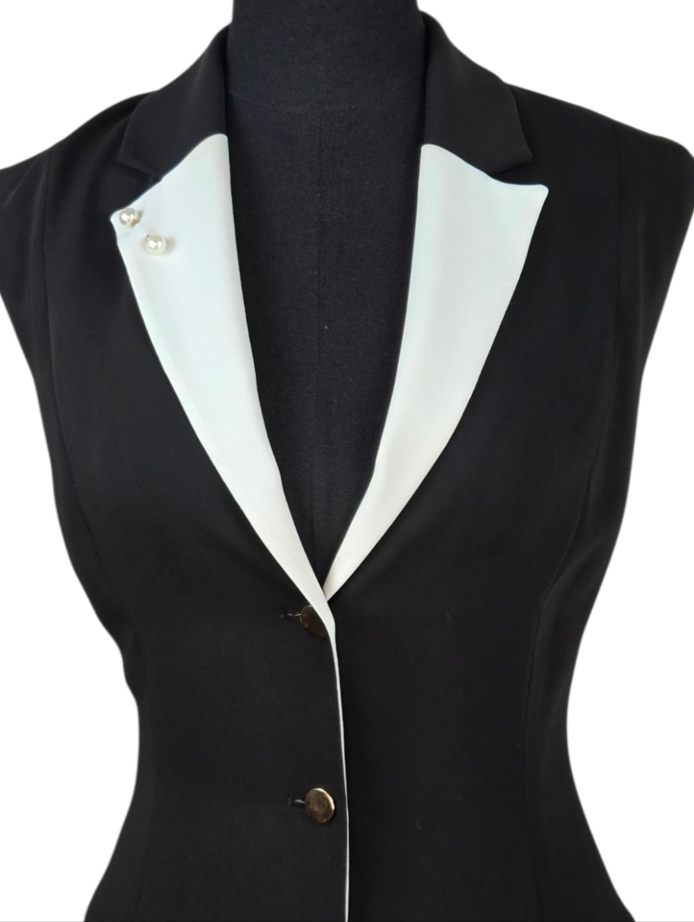JOSEPH & EREN Paris Black White Pleated Dress Contrast Lapel Button Front US 10 - Picture 8 of 15